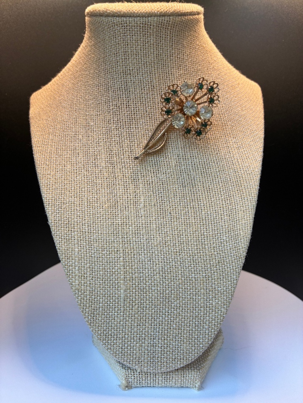 Vintage Gold-Tone Flower Brooch with large Clear and Green Crystals
